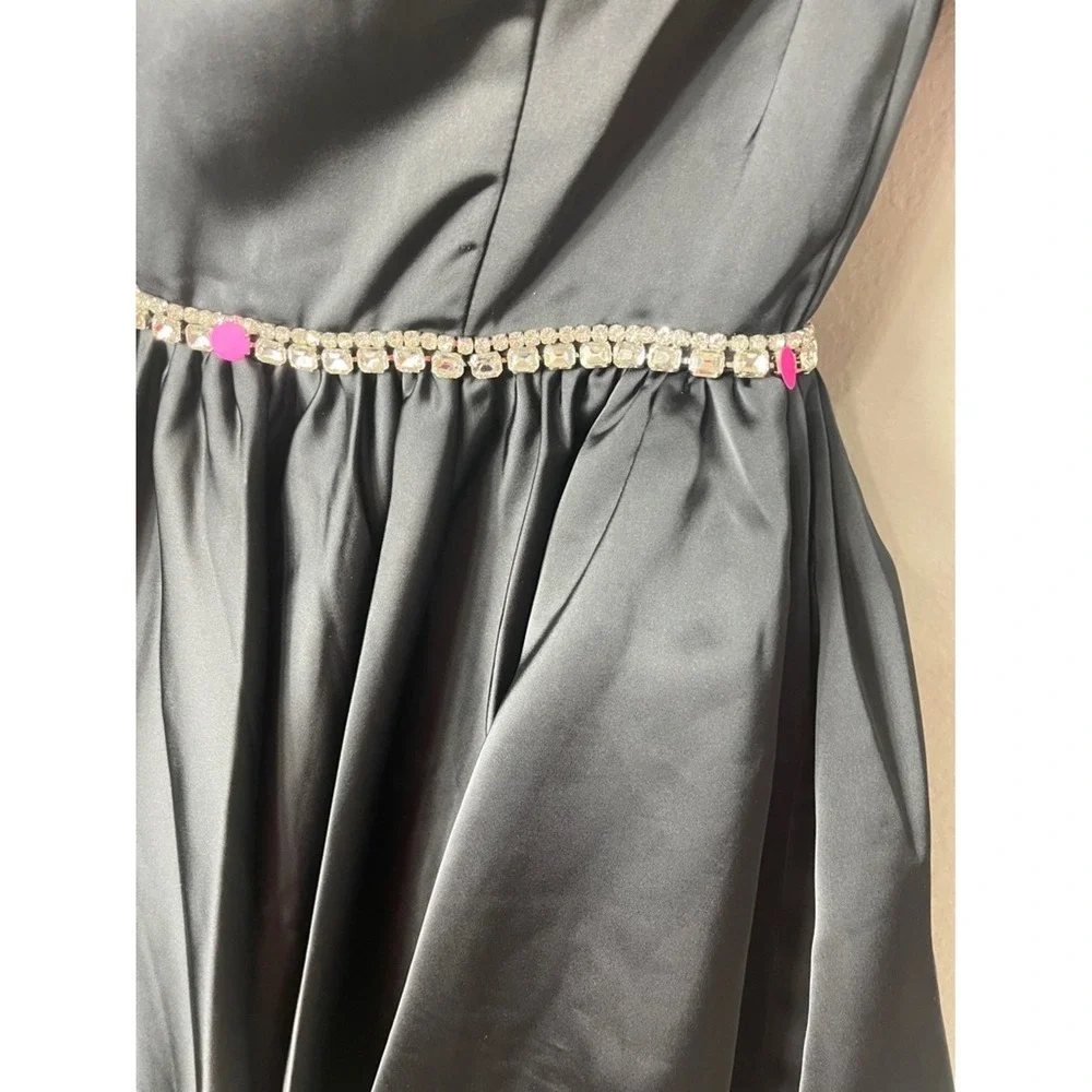 Mac Duggal Black Satin Puff Sleeve Rhinestone Mini Dress Style 20688 FLAWED